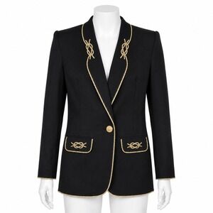 Solini Blazer Women 8 Black Gold Nautical Knot Clock Button Vintage‎ Rope Trim